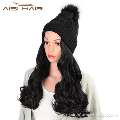 Aisi Hair Synthetic Nature Black Long Wavy Body Wave Cap Hair Heat Resistant Fiber Hair Extension With Cap For Black White Women